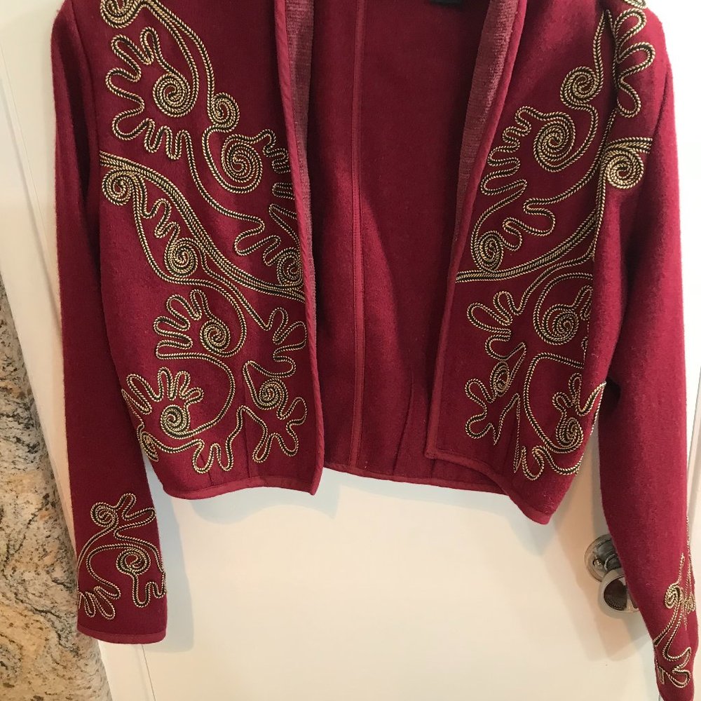 New Identity deep burgundy red bolero jacket with Spanish embroidery, size small